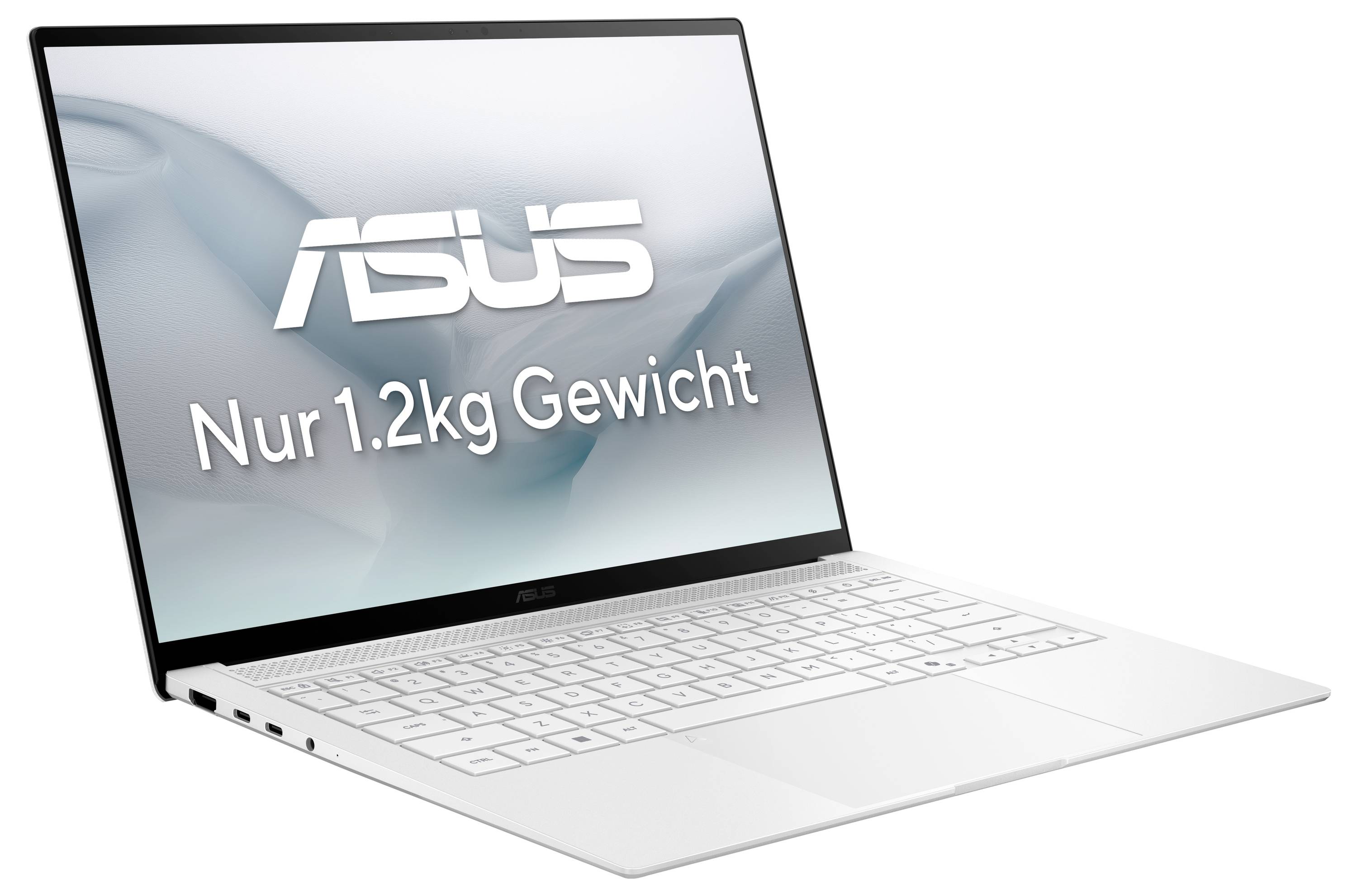 Ein weißer Laptop mit der Aufschrift 'Nur 1.2kg Gewicht' auf dem Bildschirm.