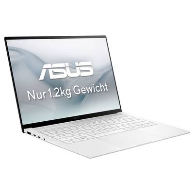 Ein weißer Laptop mit der Aufschrift 'Nur 1.2kg Gewicht' auf dem Bildschirm.