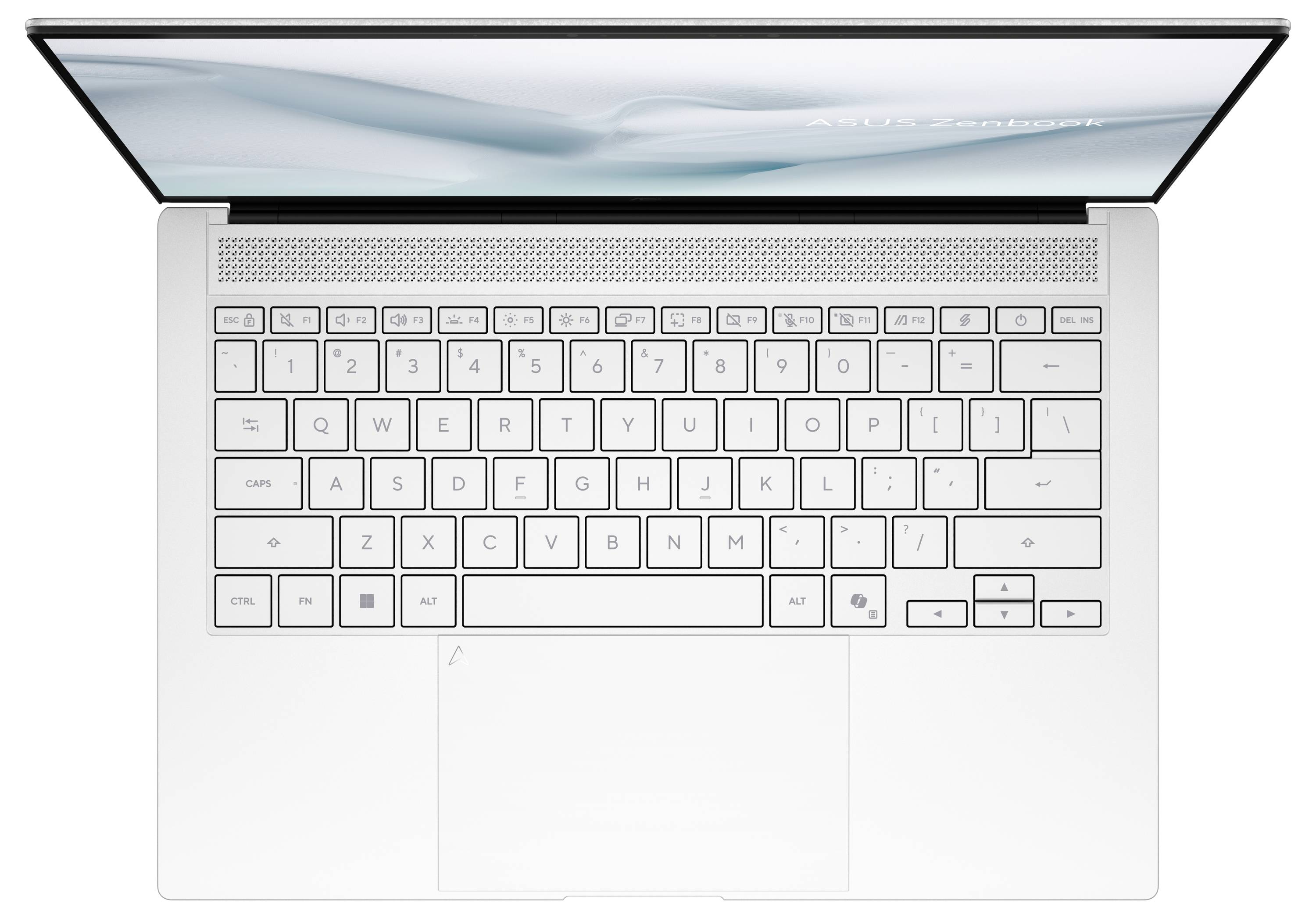 Eine Draufsicht auf eine weiße Laptop-Tastatur mit einem Trackpad darunter. Der Bildschirm zeigt einen hellblauen Hintergrund mit schwach sichtbarem Text.
