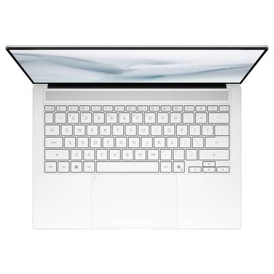 Eine Draufsicht auf eine weiße Laptop-Tastatur mit einem Trackpad darunter. Der Bildschirm zeigt einen hellblauen Hintergrund mit schwach sichtbarem Text.