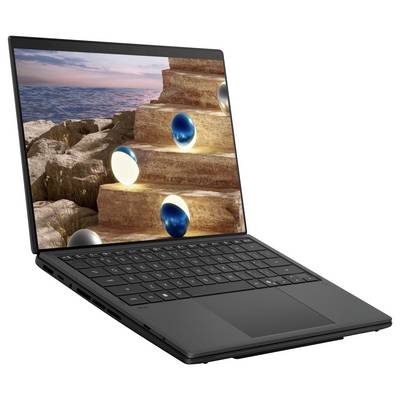 Ein eleganter schwarzer Laptop zeigt eine Außenszene mit leuchtenden Kugeln auf Steinstufen am Wasser.