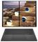 Ein eleganter Laptop mit geteiltem Bildschirm, auf der einen Seite eine felsige Küstenlandschaft und auf der anderen Seite leuchtende Kugeln auf einer Treppe.