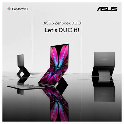 Ein ASUS Zenbook DUO Laptop mit zwei Bildschirmen steht auf einem Tisch, umgeben von zwei weiteren Laptops. Text: 'ASUS Zenbook DUO Let's DUO it!'
