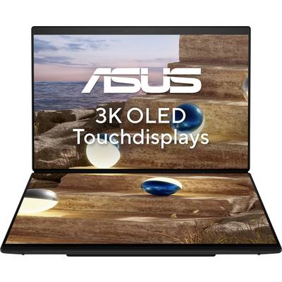 ASUS 3K OLED-Touchdisplays' Text auf einem ASUS-Laptop-Bildschirm, der ein malerisches Bild mit kugelförmigen Leuchten auf Steinstufen anzeigt.