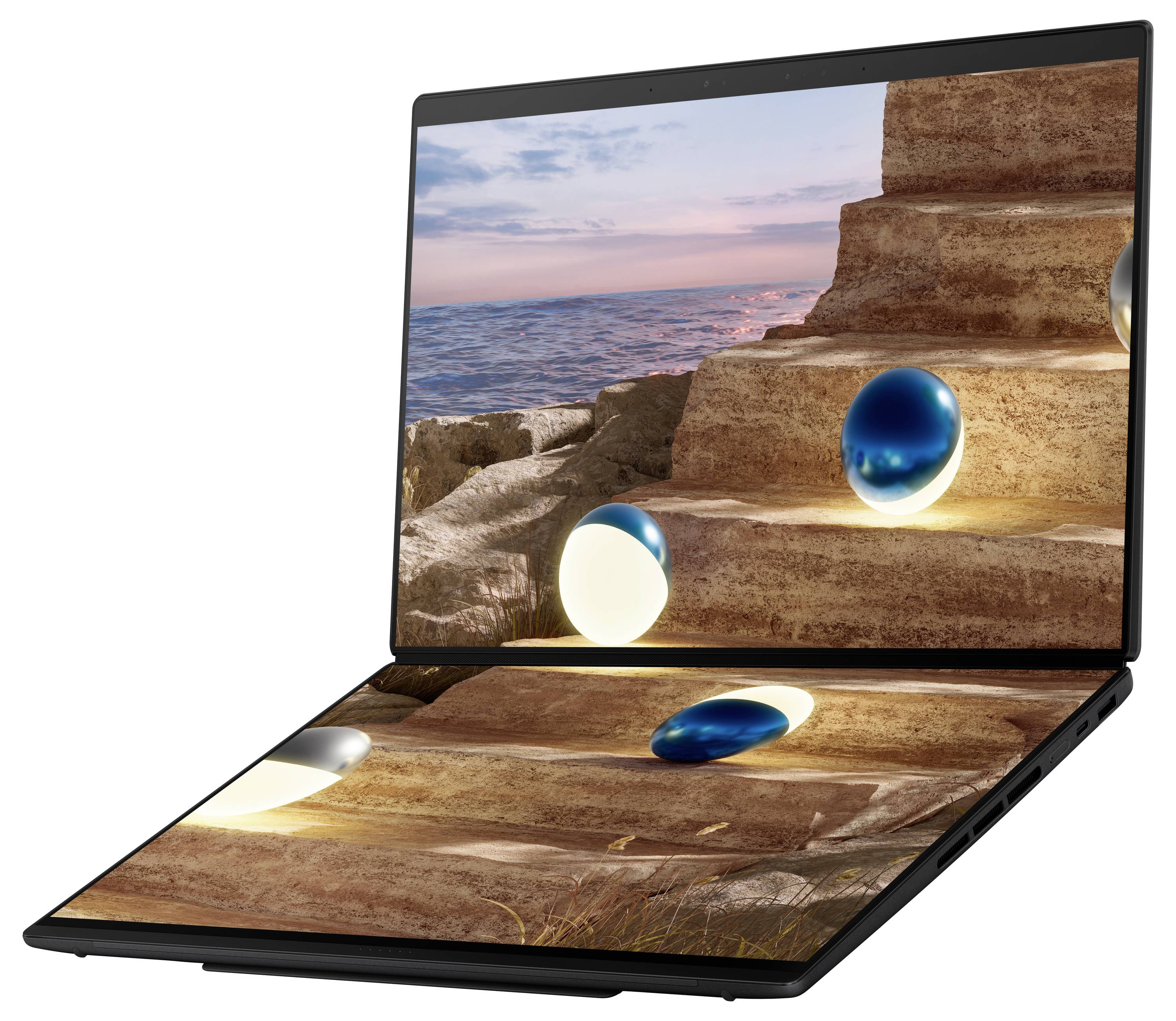 Ein zusammenklappbarer Laptop zeigt auf seinen Bildschirmen eine malerische Aussicht, mit leuchtenden Kugeln auf felsigen Stufen am Meer bei Sonnenuntergang.