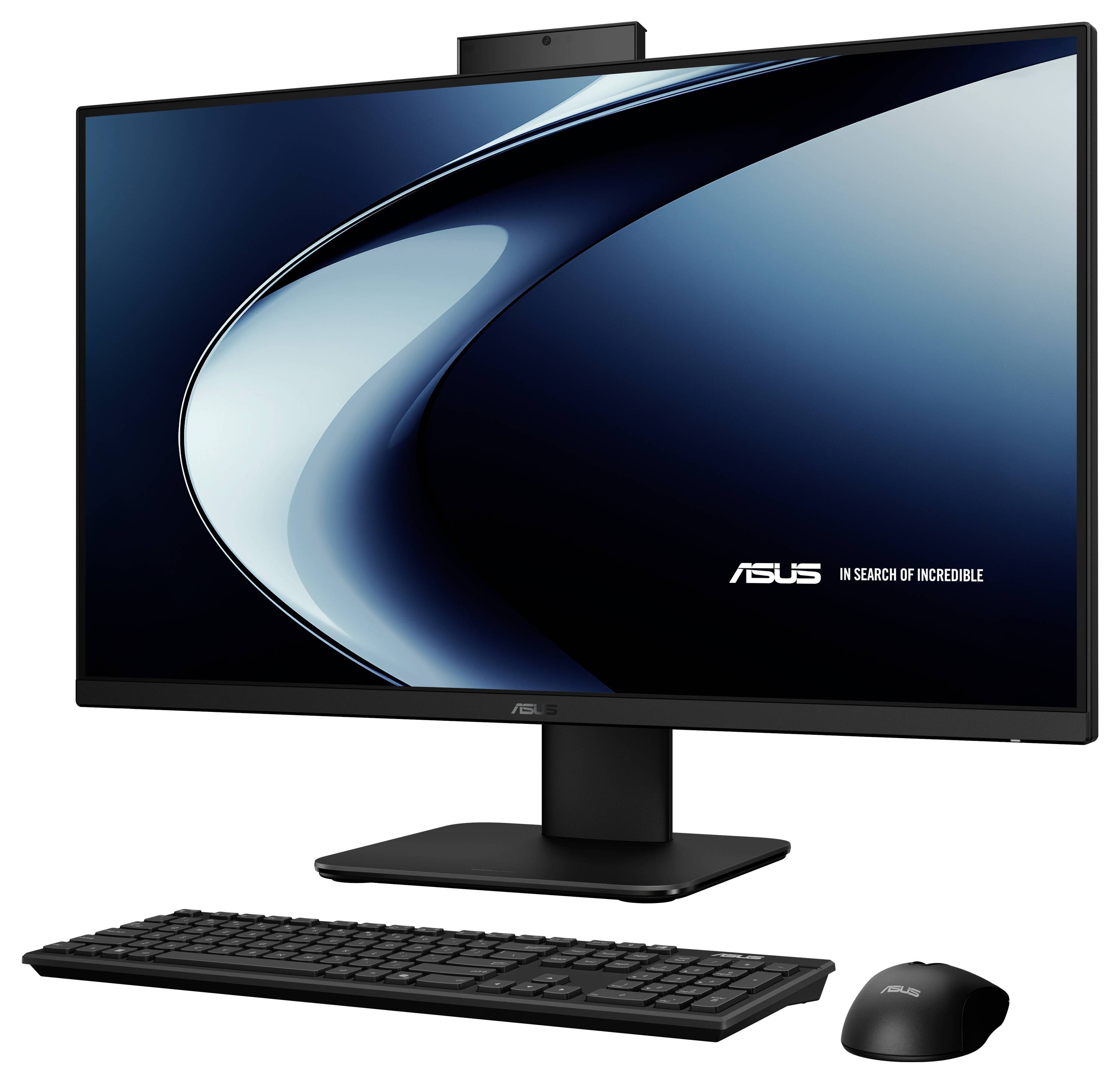 Ein elegantes Desktop-Computer-Setup mit einem großen Monitor, der ein blaues Wellendesign und das ASUS-Logo anzeigt. Umfasst eine Tastatur und eine Maus.