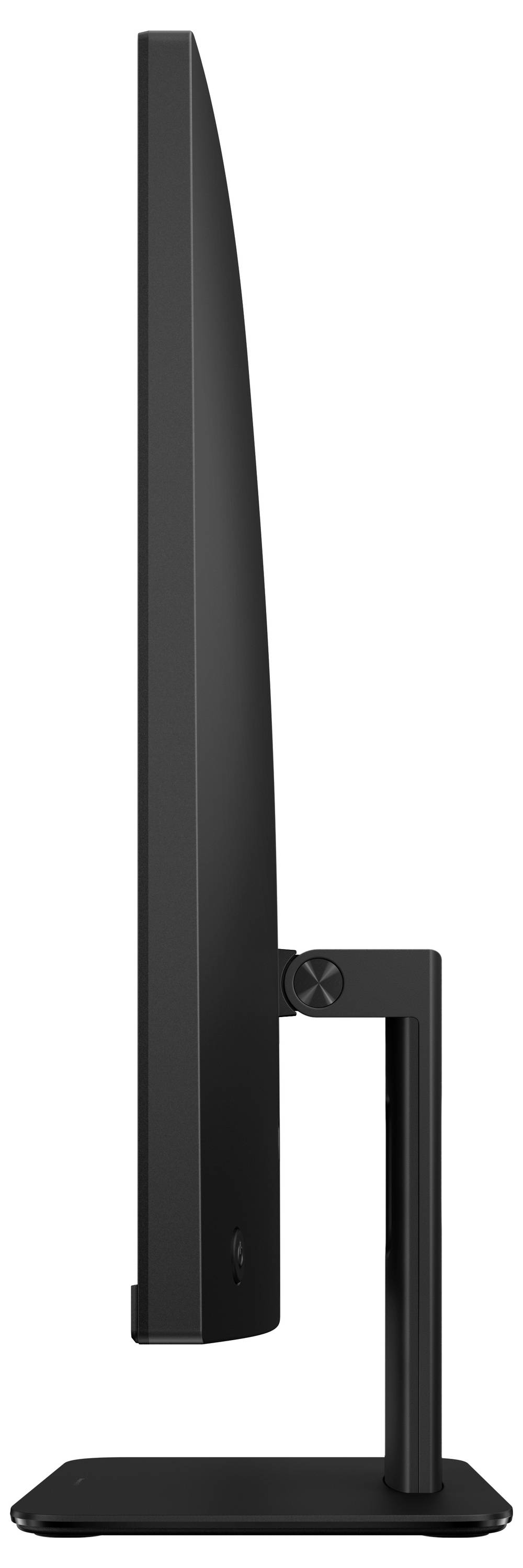 Eine Seitenansicht eines schlanken schwarzen Computermonitors auf einem rechteckigen Ständer, die sein dünnes Profil und sein modernes Design hervorhebt.