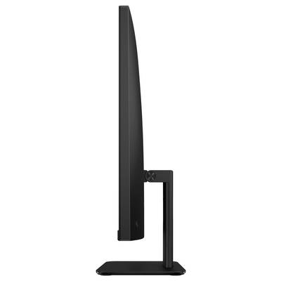 Eine Seitenansicht eines schlanken schwarzen Computermonitors auf einem rechteckigen Ständer, die sein dünnes Profil und sein modernes Design hervorhebt.