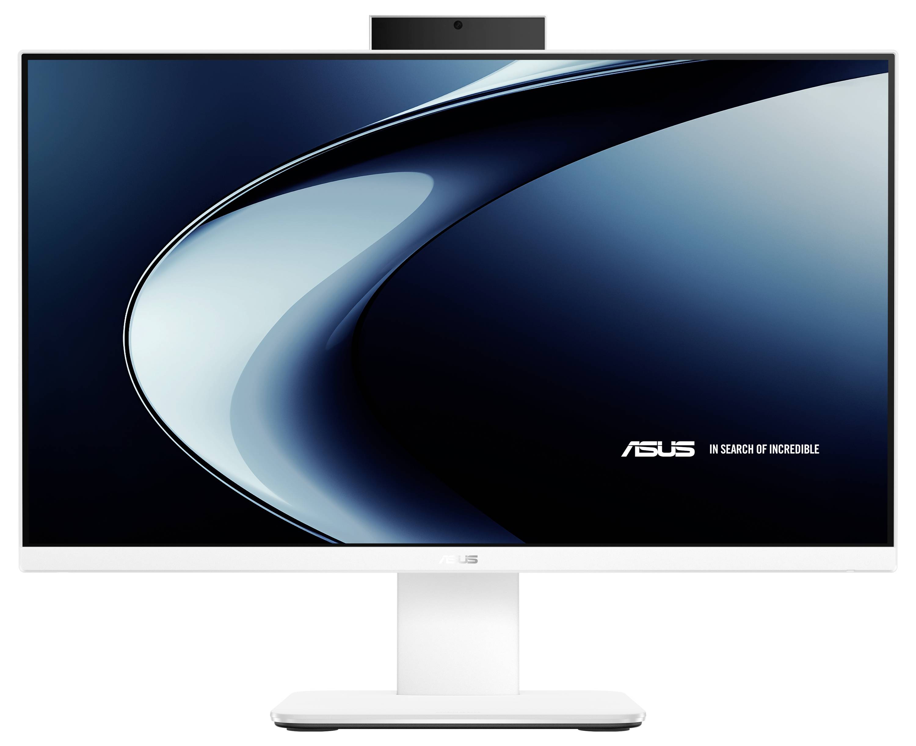 Ein schlanker Asus-Computermonitor mit modernem Design, mit einem breiten Bildschirm und dünnem Rahmen, auf dem ein dunkler abstrakter Hintergrund angezeigt wird.