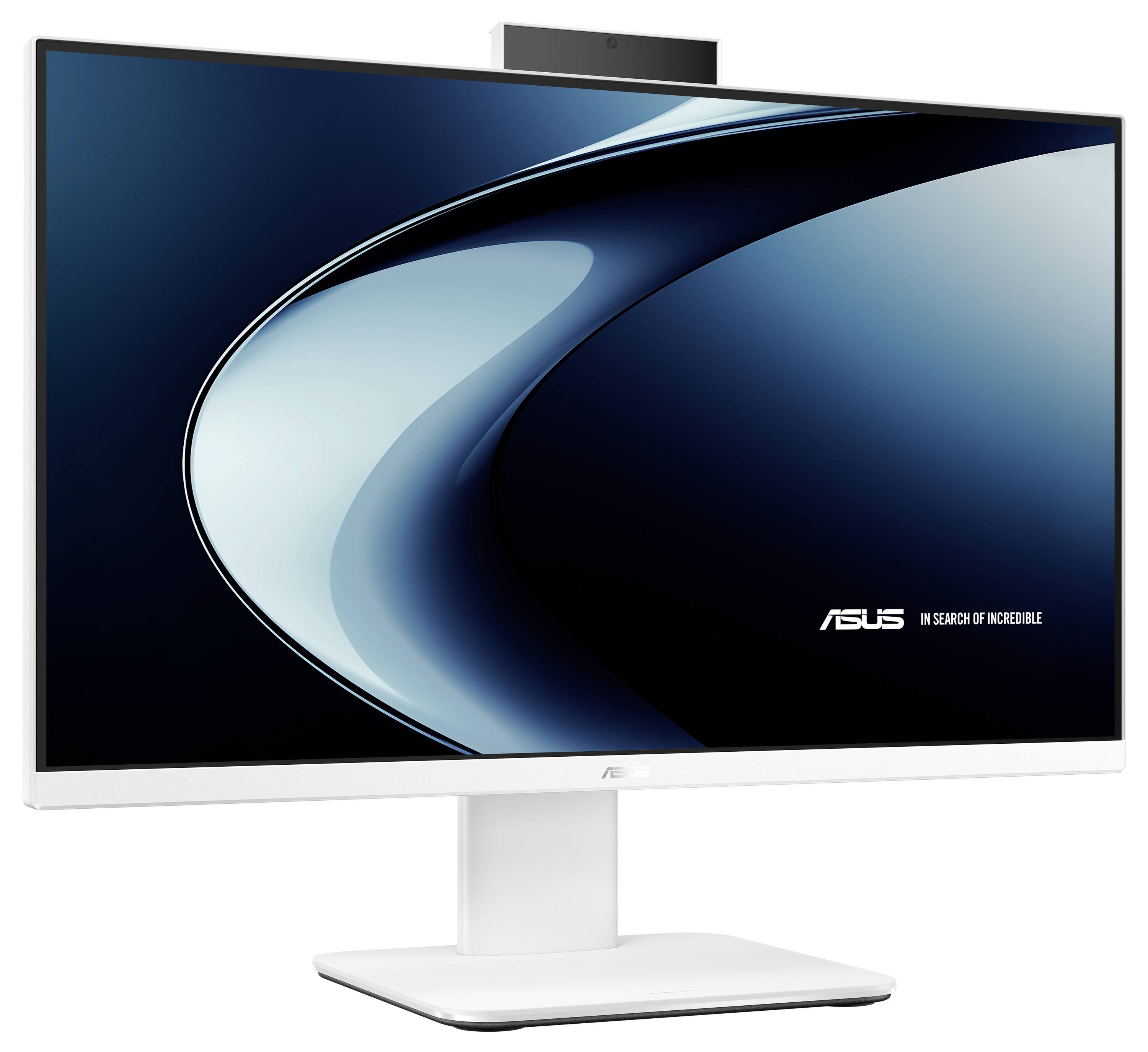 Ein Computermonitor mit schlankem, minimalem Design, der eine stilisierte geschwungene Linie auf einem dunklen Bildschirm anzeigt, mit dem Text „ASUS In Search of Incredible".
