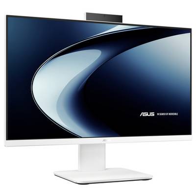 Ein Computermonitor mit schlankem, minimalem Design, der eine stilisierte geschwungene Linie auf einem dunklen Bildschirm anzeigt, mit dem Text „ASUS In Search of Incredible".