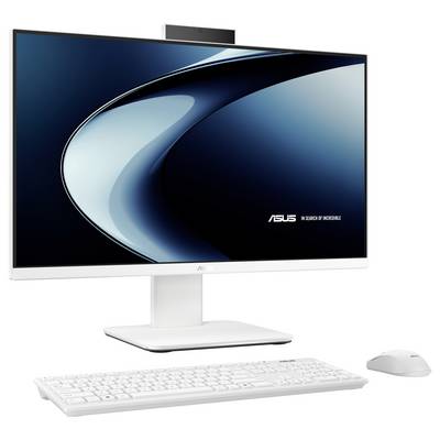 Ein weißes, elegantes All-in-One-Computer-Setup mit einem großen Display, Tastatur und Maus auf einer flachen Oberfläche, wobei das Logo der Marke angezeigt wird.