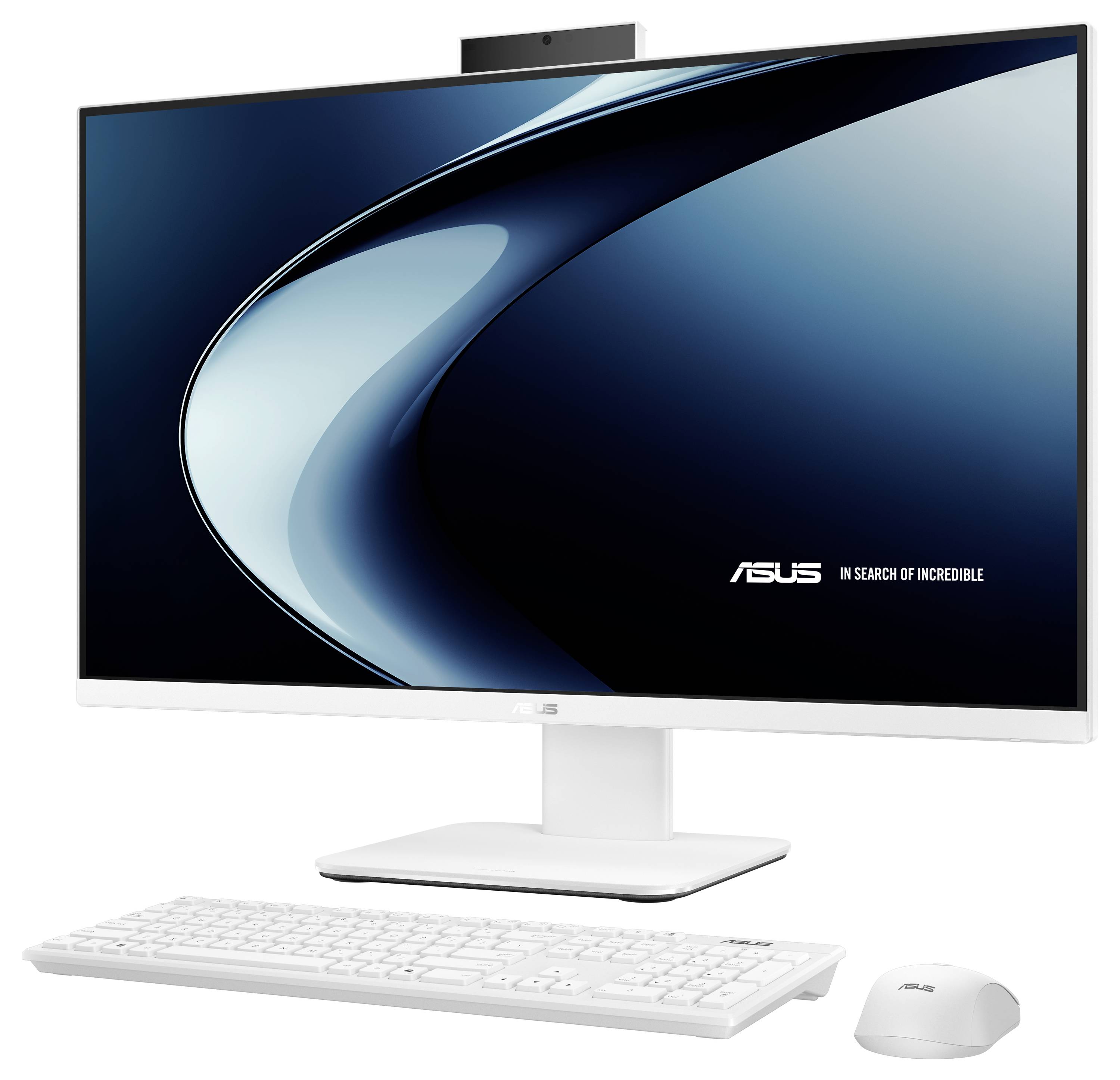 Ein schlankes weißes Desktop-Computer-Setup mit einem großen Monitor, einer Tastatur und einer Maus. Der Monitor zeigt ein modernes Design mit dem ASUS-Logo.