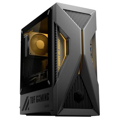 Gaming-PC-Gehäuse mit kantiger Bauform, Glasseitenpanel und oranger Innenbeleuchtung. „TUF Gaming"-Logo an der Seite.