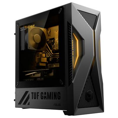 Ein schwarzer TUF Gaming PC-Tower mit transparentem Seitenpanel, das die internen Komponenten zeigt. Die Front- und Seite zeigen das "TUF GAMING"-Logo.