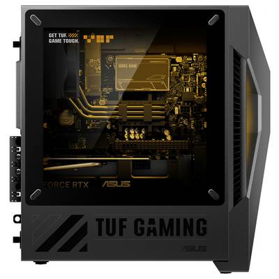 Ein Computergehäuse, das eine Seitenansicht eines aufwändigen internen Schaltungsdesigns mit „TUF GAMING" und „GET TUF GAME TOUGH" Branding zeigt und eine Force RTX-Komponente hervorhebt.