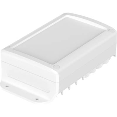 Ein weißes, rechteckiges elektronisches Gehäuse mit schlankem Design und Befestigungslöchern an der Seite.