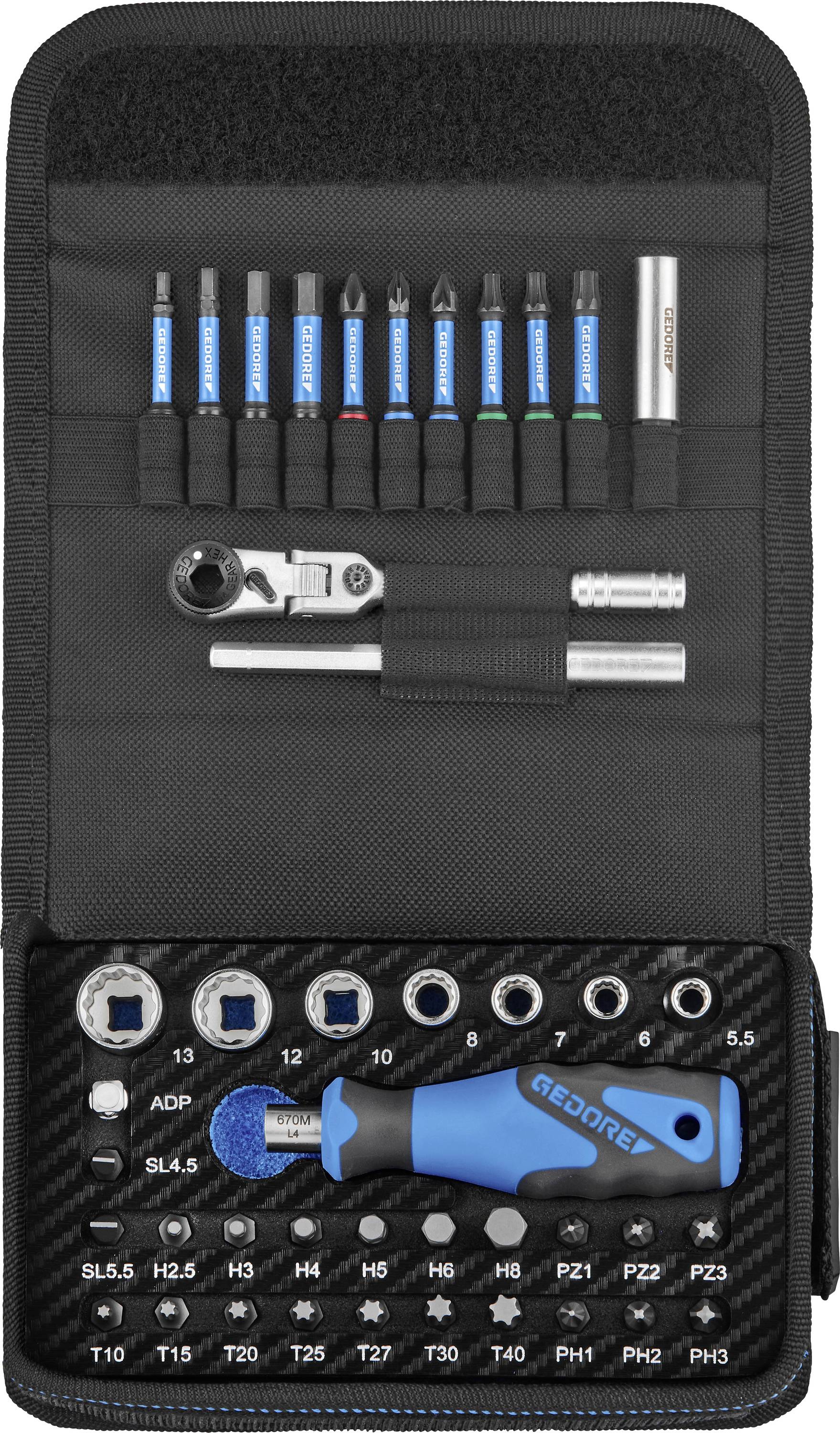 Ein kompaktes Werkzeugset mit mehreren Schraubendreher-Aufsätzen, einer Ratsche mit blauem Griff und Stecknüssen, organisiert in einem schwarzen Klapptasche.