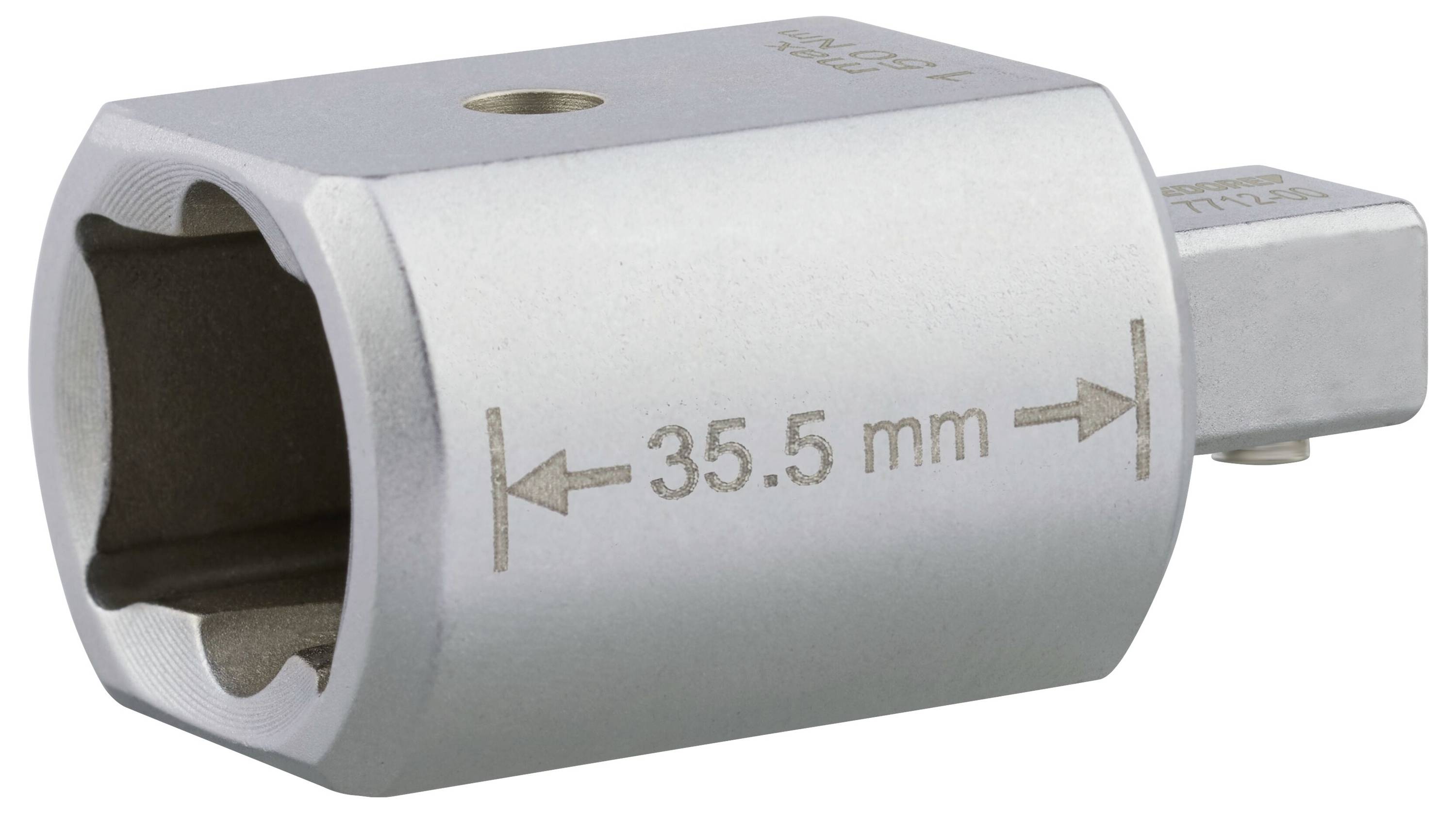 'Ein 35,5 mm Metall-Steckschlüssel-Adapter, verwendet zum Lockern oder Anziehen von Bolzen, dargestellt in einer Seitenansicht mit sichtbarer Messskala.'