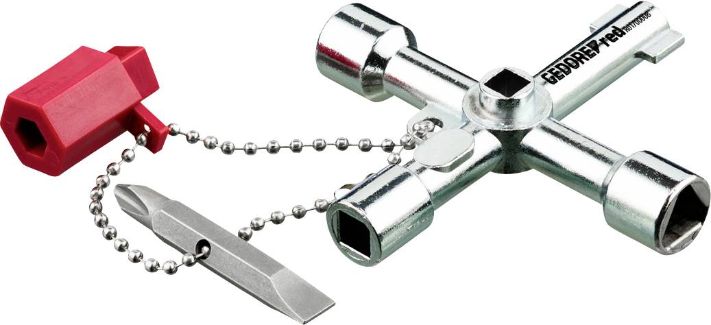 Metallischer Universalschlüssel mit vier verschiedenen Steckköpfen und einer roten Kunststoffanbringung an einer Kette. Ideal zum Zugriff auf Wartungspanels.