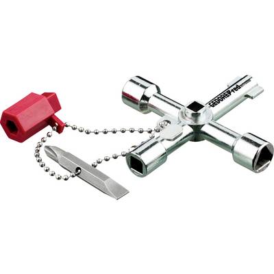 Metallischer Universalschlüssel mit vier verschiedenen Steckköpfen und einer roten Kunststoffanbringung an einer Kette. Ideal zum Zugriff auf Wartungspanels.