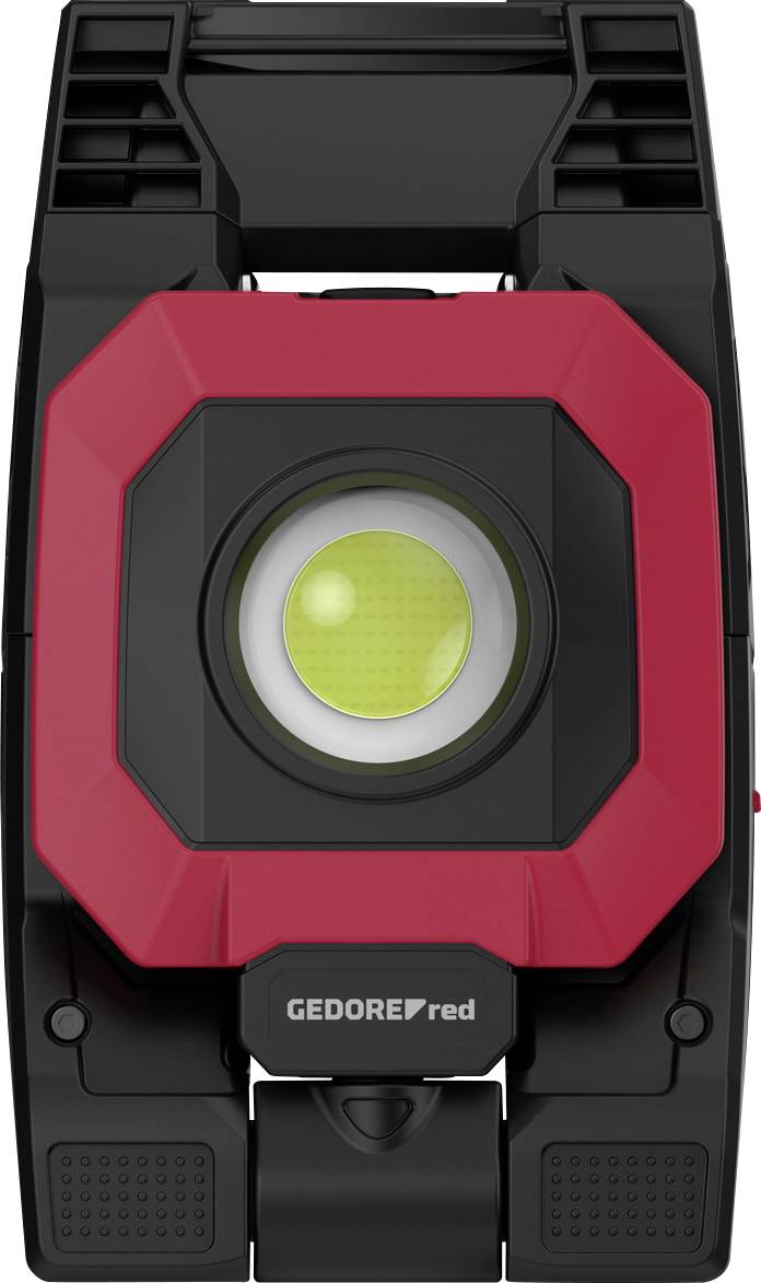 Schwarze und rote LED-Arbeitsleuchte mit einer zentralen runden Linse mit der Beschriftung „GEDORE red" unten.