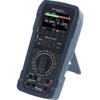 Tragbares METRAcal CM Kalibriergerät/Multimeter mit Dual-Mode-Spannungsanzeigen auf einem digitalen Display.
