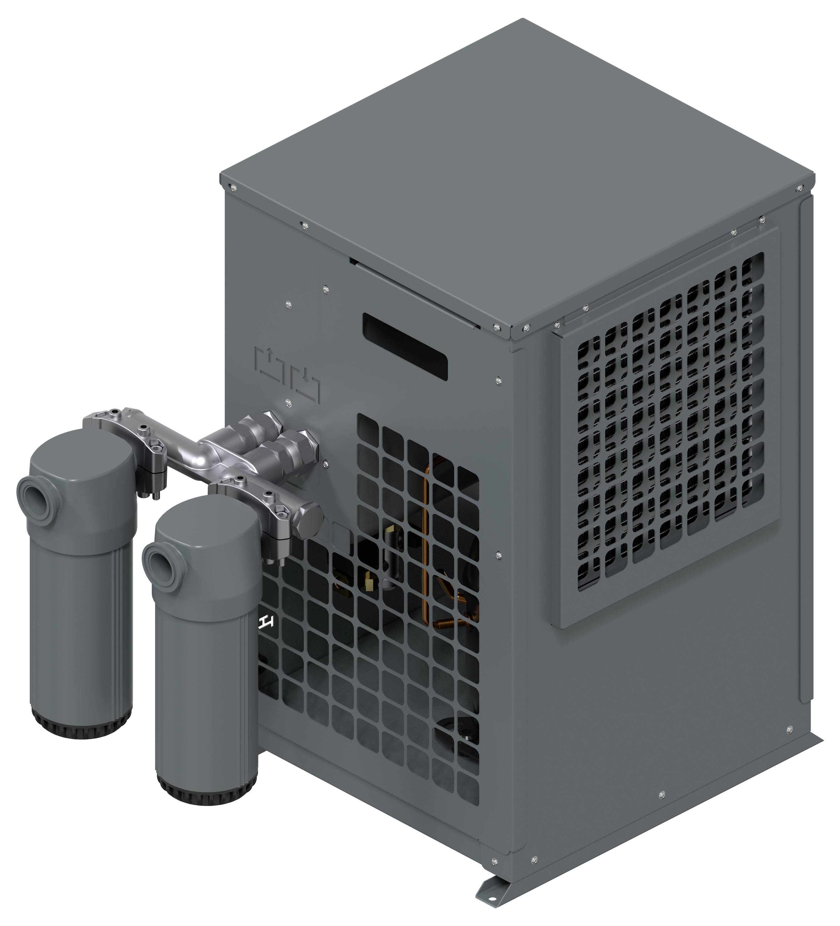 Industrieller grauer Metallausrüstungsschrank mit zwei angebrachten zylindrischen Filtern oder Behältern auf der Vorderseite.