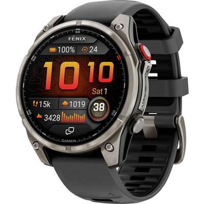 Smartwatch mit Anzeige „10:10" und Symbolen für Schritte, Kalorien, Puls und Wetter auf dem Bildschirm. Robustes Design mit schwarzem Armband und Metallgehäuse.