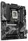 Ein schwarzes Gigabyte-Motherboard mit vier RAM-Steckplätzen, PCIe-Steckplätzen und Anschlüssen. Es unterstützt Intel-Prozessoren und Gaming-Nutzung.