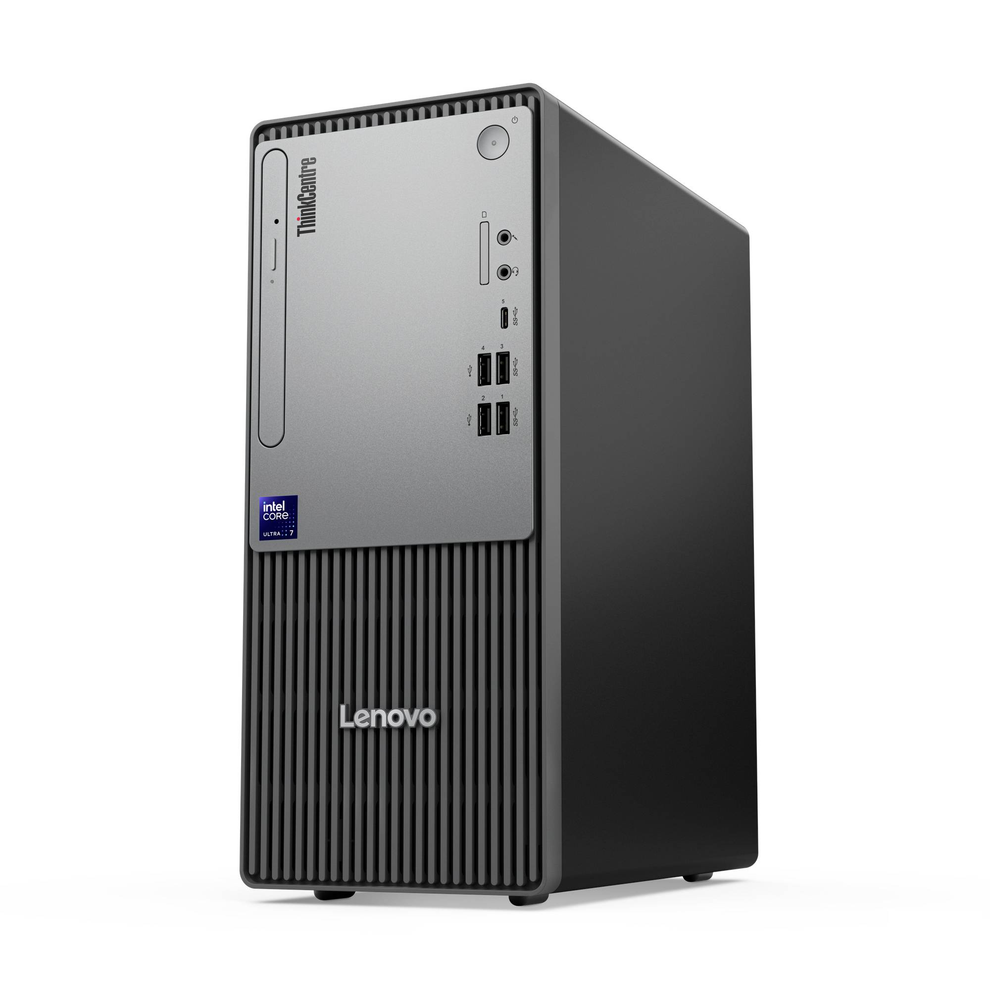 Ein schwarzer und silberner Lenovo-Desktop-Computerturm mit mehreren USB-Anschlüssen an der Vorderseite, gekennzeichnet durch den "Intel Core"-Aufkleber.