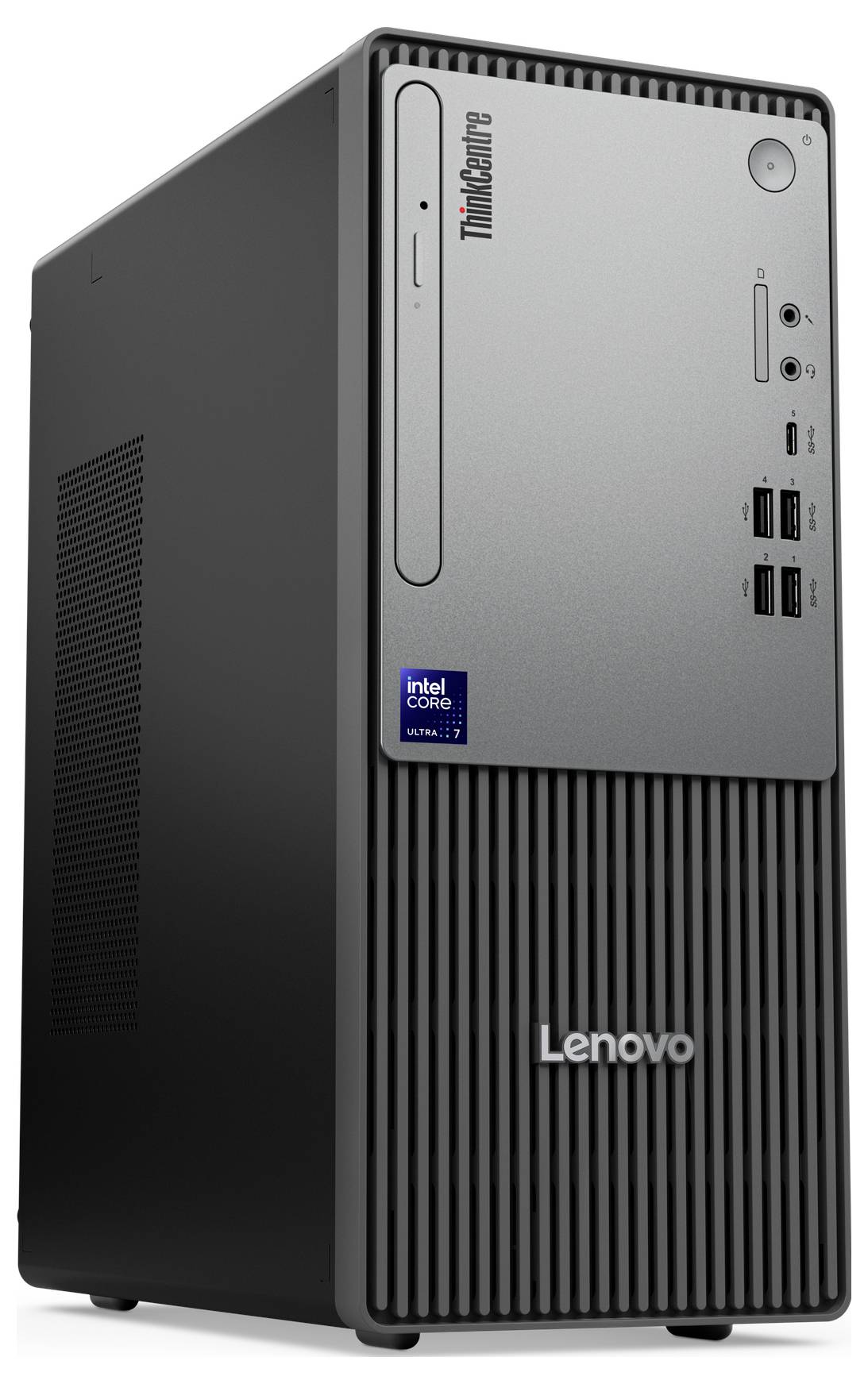 Ein Lenovo-Desktop-Turm mit schlankem schwarzen Design, mit mehreren USB-Anschlüssen und einem Intel Core i7-Aufkleber an der Vorderseite.