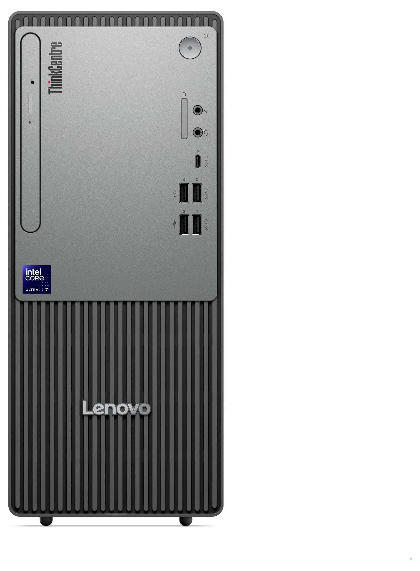 Vorderansicht eines Lenovo ThinkCentre Desktop-Computer-Gehäuses mit USB-Anschlüssen, Audio-Buchsen und einem Intel Core i5-Aufkleber.