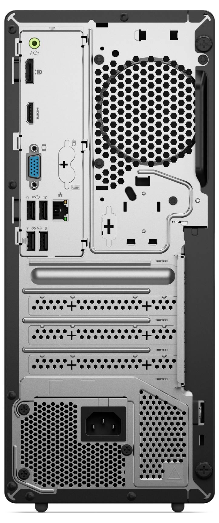 Rückseite eines Computerturms mit Anschlüssen einschließlich HDMI, USB, VGA, Ethernet und Audio. Oberer Lüfter und Stromversorgungslüftungsöffnung sind sichtbar.
