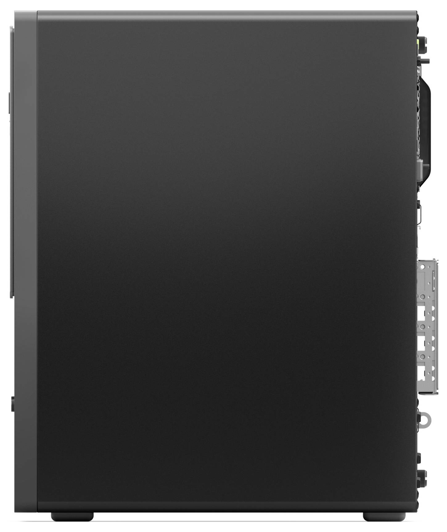 Ein schlanker, schwarzer Mini-Computer mit vorderen Anschlüssen einschließlich USB und Audioeingängen sowie einem Logo auf der rechten Seite, entwickelt für kompaktes Rechnen.
