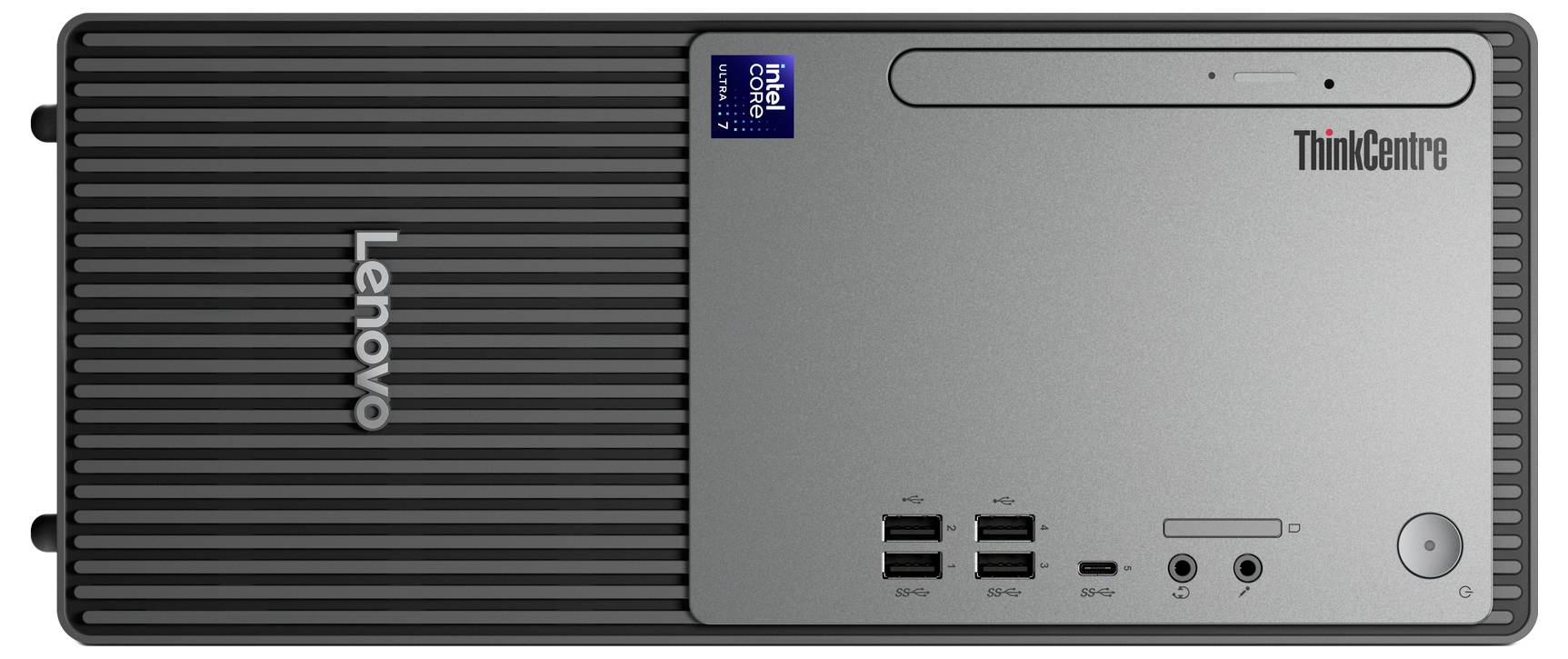 Ein Lenovo ThinkCentre Desktop mit Intel Core Aufkleber, vier USB-Anschlüssen, Audio-Buchsen, einem Netzschalter und einem DVD-Laufwerk auf der Frontblende.