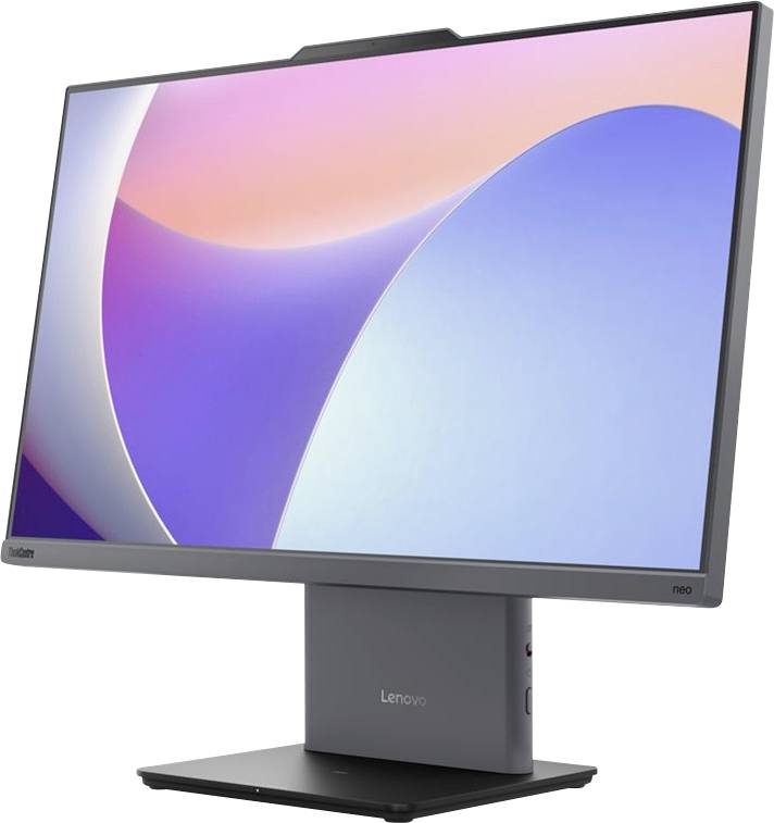 Ein moderner Desktop-Monitor mit schmalem Rahmen und buntem abstraktem Display auf dem Bildschirm, auf einem eleganten schwarzen Ständer montiert.