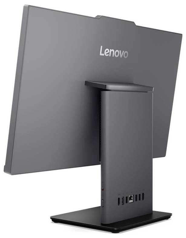 "Lenovo"-Monitor von hinten betrachtet, mit mehreren Anschlüssen am Standfuß, für Konnektivität konzipiert, mit elegantem, modernem Erscheinungsbild.