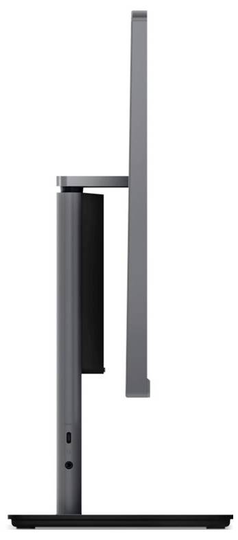Seitenansicht eines schlanken modernen Computermonitors auf einem Ständer, der sein dünnes Profil und Design zeigt.