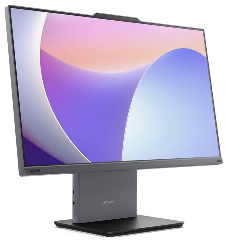 Lenovo ThinkCentre Monitor mit abstrakter Pastelldesign-Anzeige. Verfügt über schmale Rahmen, eleganten Ständer und integrierte Webcam oben.