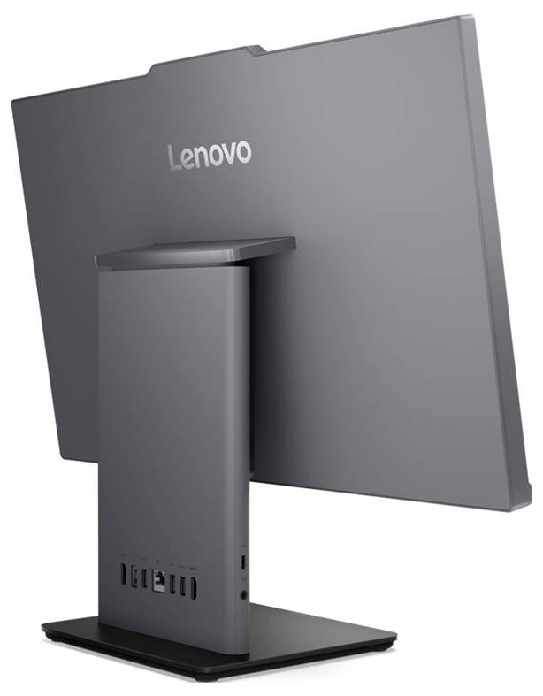 Das Bild zeigt die Rückansicht eines Lenovo All-in-One-Computers und hebt seinen Ständer sowie verschiedene Anschlüsse auf der Rückseite für die Konnektivität hervor.