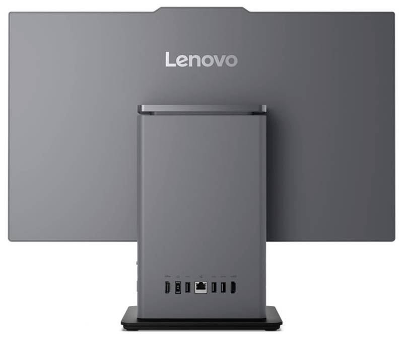 Die Rückansicht eines Lenovo-Desktop-Monitors mit Anschlüssen wie USB und HDMI am Ständer, mit einem minimalistischen grauen Design.
