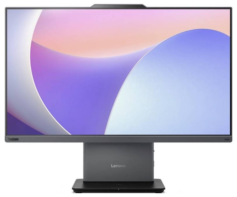 Ein Lenovo-Monitor, der einen bunten abstrakten Hintergrund mit Rosatönen, Violett und Blau auf einem schwarzen Ständer anzeigt.