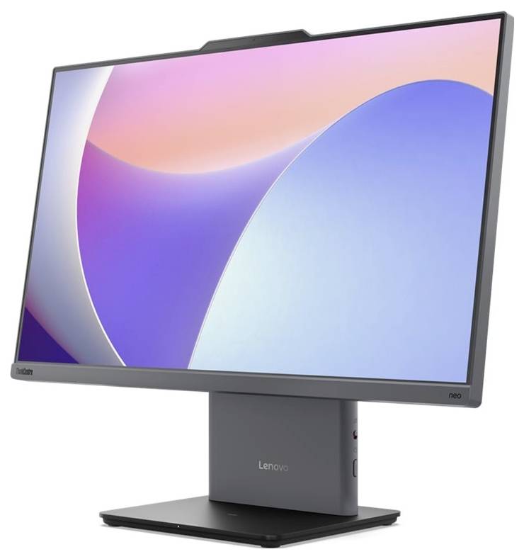 Ein Lenovo-Monitor mit einem farbenfrohen abstrakten Design auf dem Bildschirm, featuring einen schlanken Rahmen und eine robuste quadratische Basis.