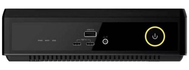 Ein schwarzes Desktop-Computergehäuse mit einem Netzschalter, USB-Anschlüssen und Kontrollleuchten auf der Frontblende.