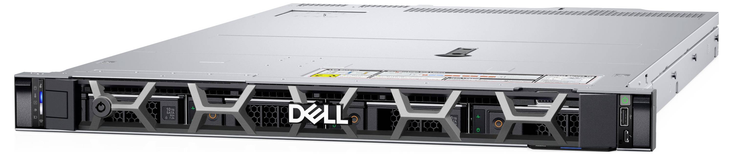 Ein Dell PowerEdge Rack-Server mit schlankem grauem Design, das die Frontplatte mit Lüftungsöffnungen und Branding zeigt.