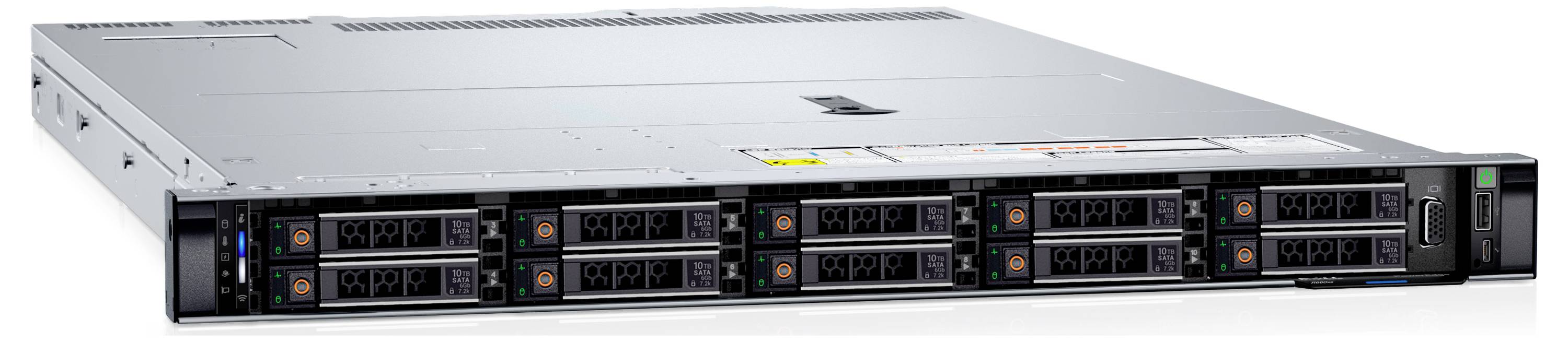 Ein eleganter, rechteckiger Server mit mehreren vorderen Festplattensteckplätzen, der häufig in Rechenzentren für effiziente Speicherverwaltung verwendet wird.