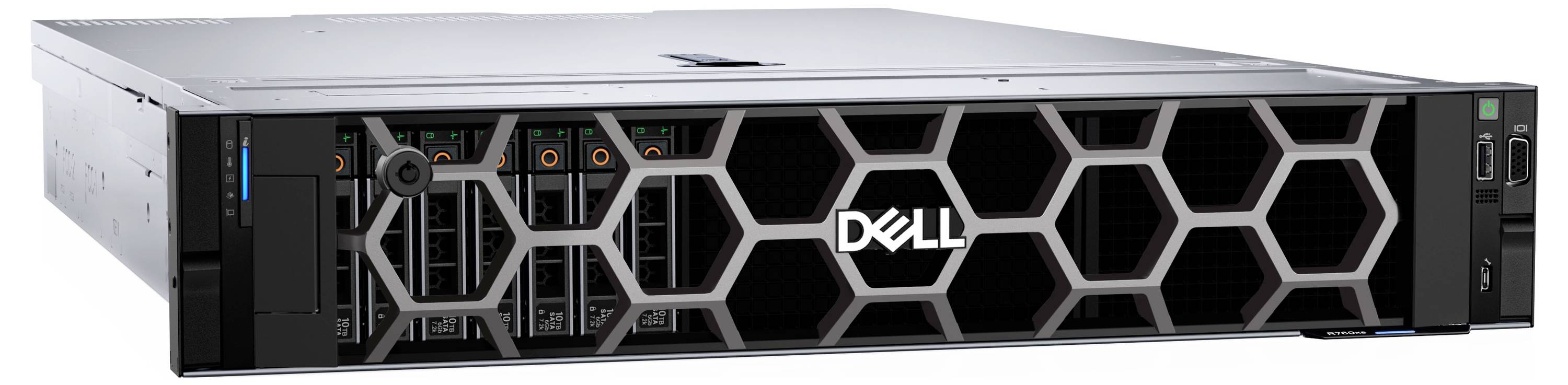 Ein Dell PowerEdge Server mit Wabendesign-Frontgitter, mit mehreren Laufwerkschächten und dem Dell-Logo prominenter Platzierung.