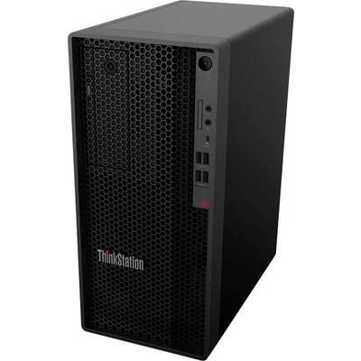 Ein schwarzer Tower-Computer mit einer Mesh-Frontplatte und mehreren Anschlüssen, mit einem Markenlogo in der unteren linken Ecke.
