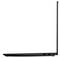 Eine dünne, seitliche Ansicht eines offenen schwarzen Laptops, die sein elegantes Design und seine minimale Dicke hervorhebt.